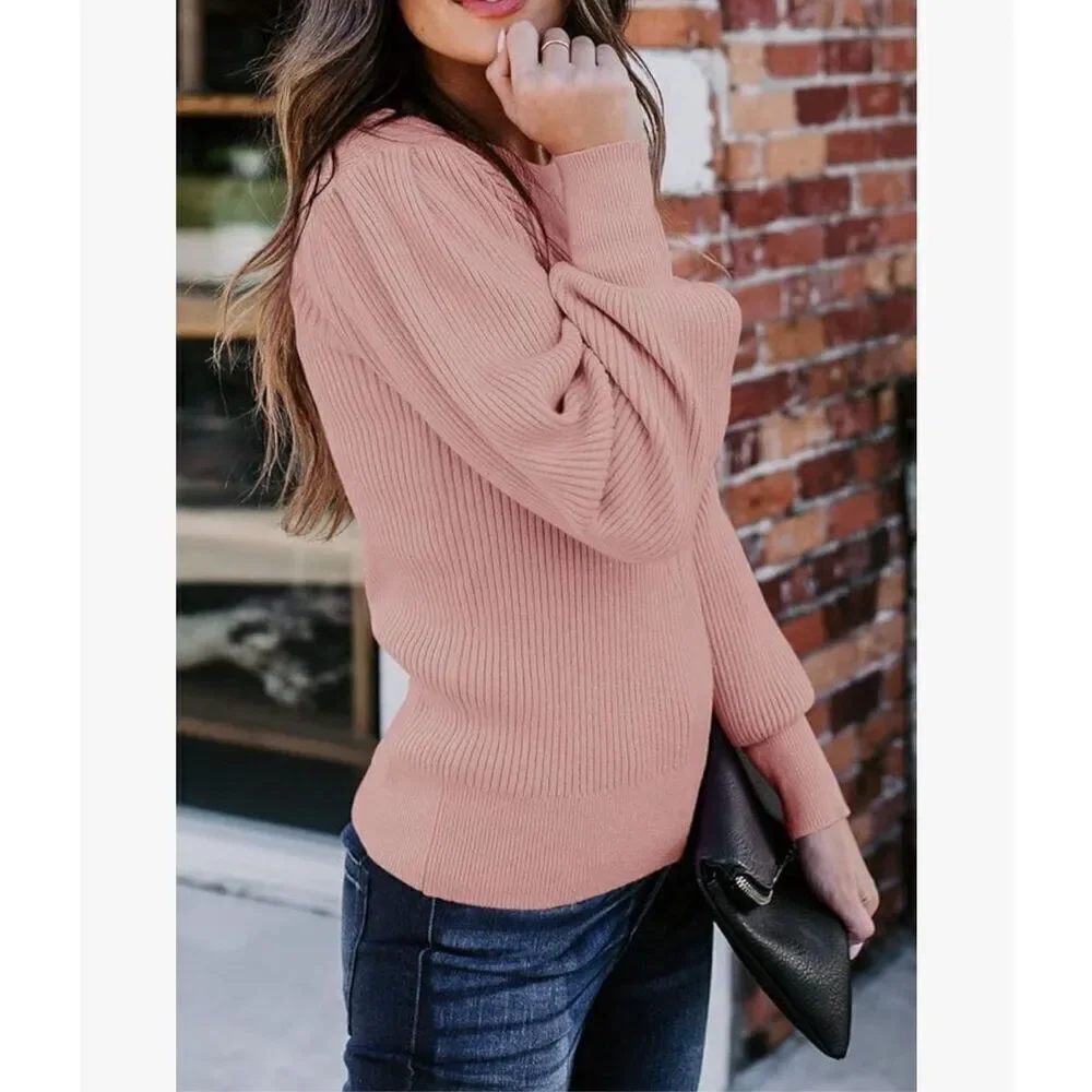 REBECCA TAYLOR 100% Cashmere Sweater Crew Neck Puff Sleeve Ribbed Pink Size L